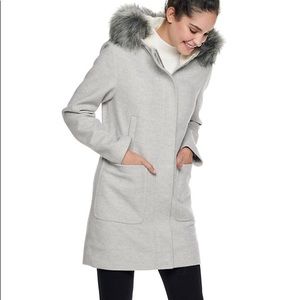 Nine West Hooded Faux Fur Trim Wool Blend Coat
